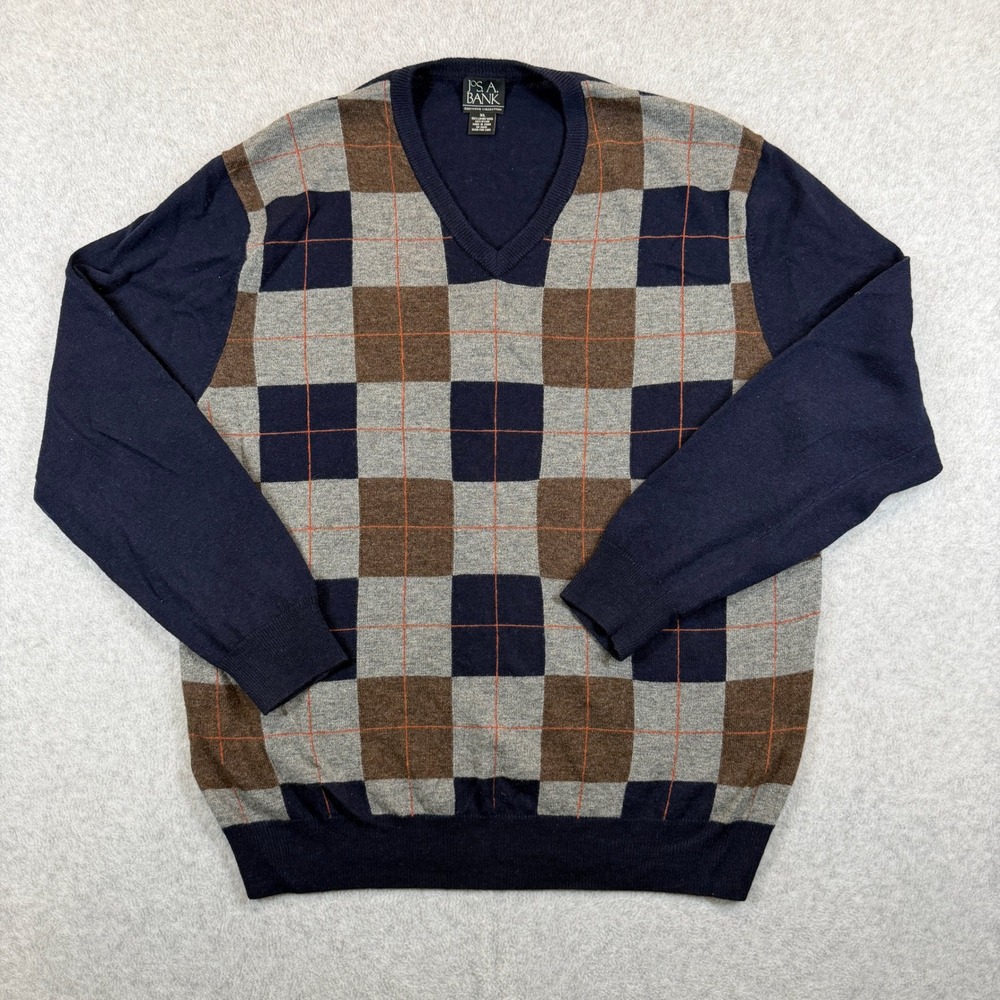 Jos. A. Bank Sweater Mens XL Navy Argyle V-Neck Executive Lambswool Blend Grid